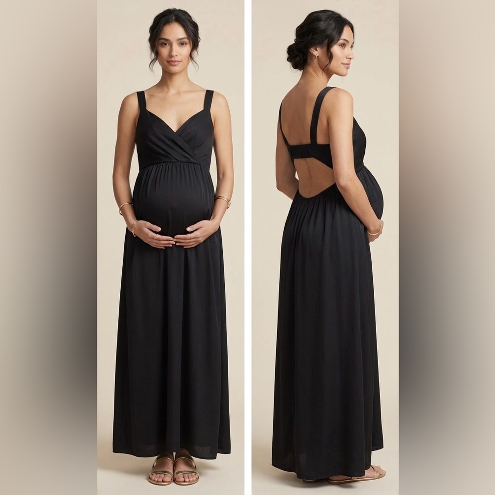 Om+Nadis Silk Maxi Dress Black Open Back Maternity Friendly NWT M - Picture 2 of 10